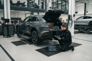 EV servicing for luxury electric vehicles at a professional UK automotive workshop