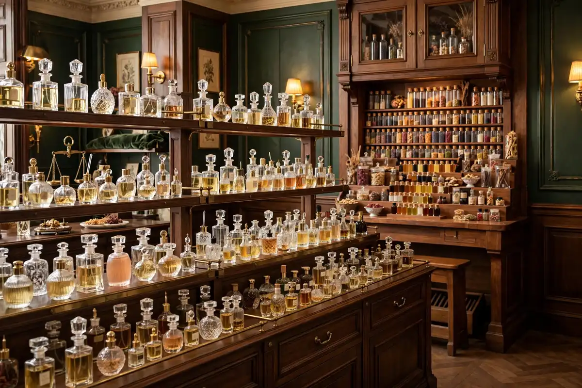 Elegant perfume bottles from luxury perfume houses in a refined perfumery