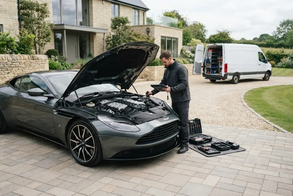 mobile auto service technician servicing a prestige vehicle at a UK property