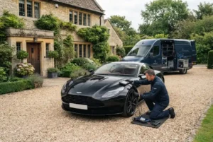 Mobile auto service technician servicing a premium car at home